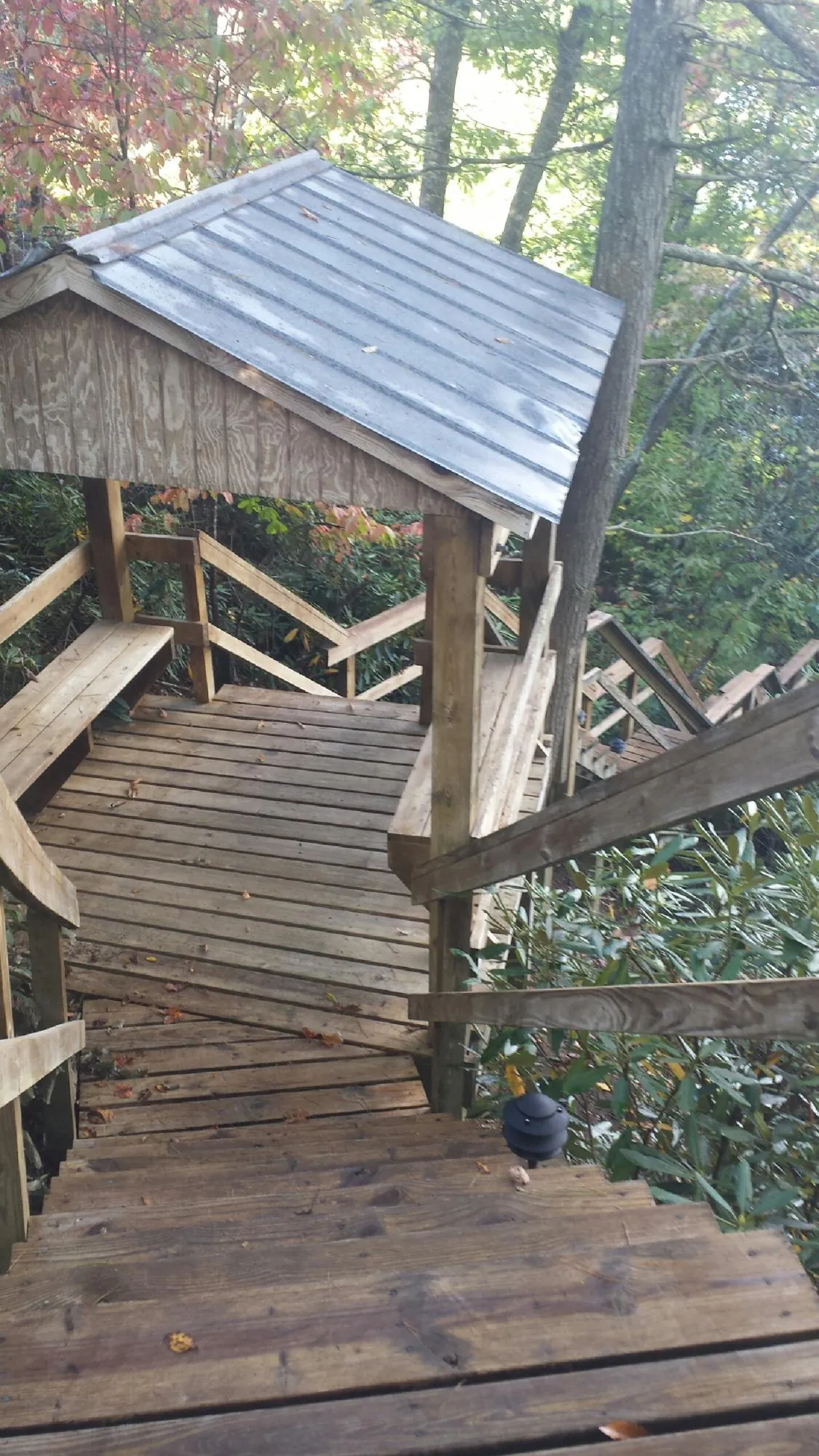 Metal roofed shelter over wooden steps on a wooded walkway — Skylight Repair & Installation work by our crew in Lenoir